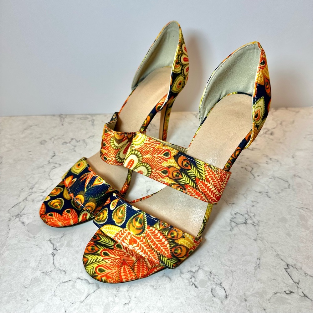 Women's Peacock Feather Print Stilettos Sandals Heels Size 38 US7.5 Unbranded